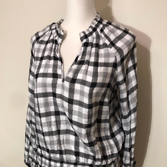 Anthropologie Cloth and Stone Gingham Plaid Black White Peasant Blouse Top Small - Picture 3 of 9
